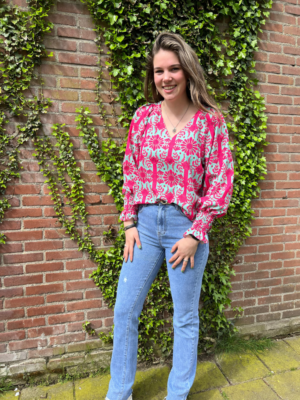 Blouse V-hals met pofmouw en print